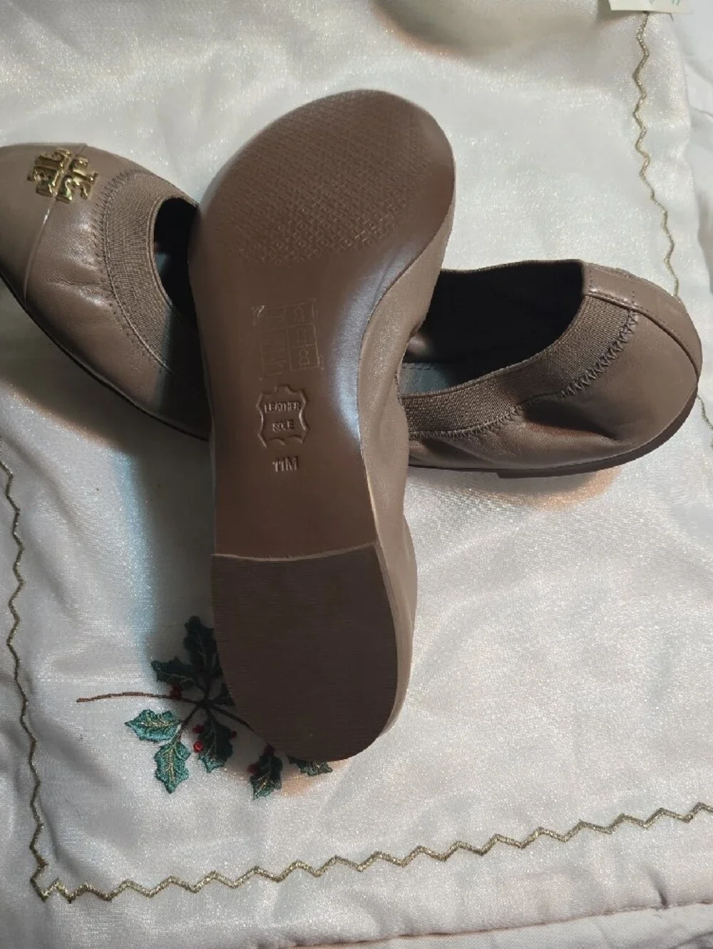 Tory Burch Taupe Patent & Leather Logo Ballet Flats